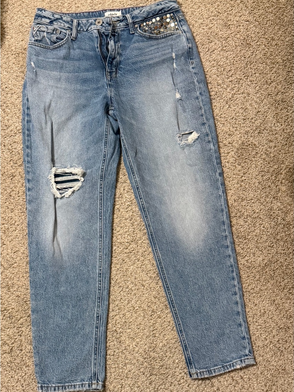Light Blue Distressed Boyfriend Jeans with Sequin-Trim Pocket